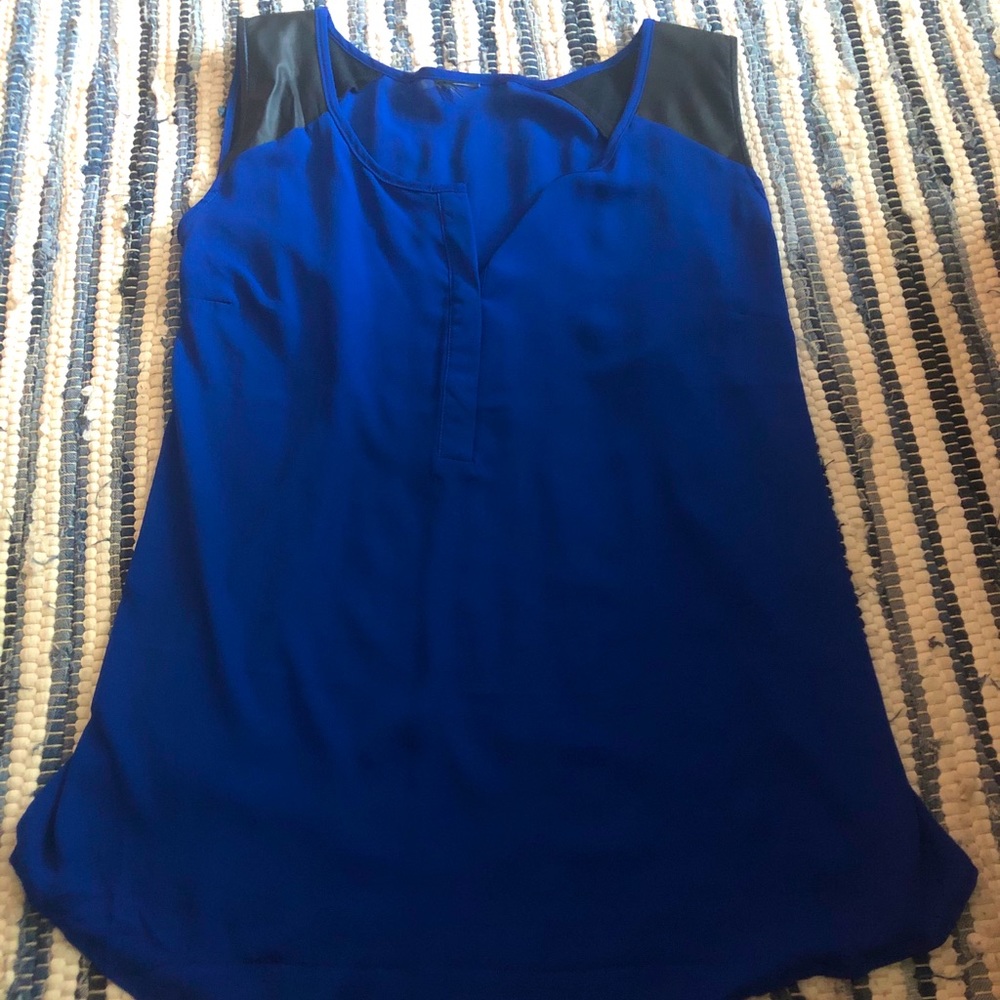 Semi-Sheer Blue Top with Faux Leather Shoulders